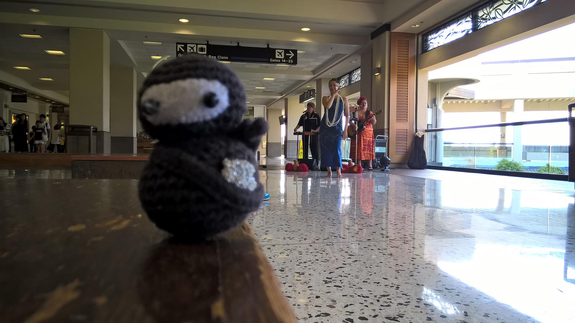 Eumel tanzt den Hula am Flughafen